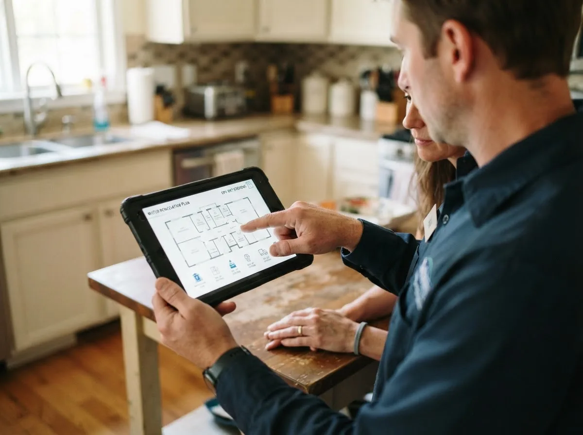 Water damage restoration technician inspecting a home in Dunlevy, PA